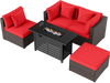 5-piece heavy-duty rattan sofa set with red cushions and a 60,000 BTU firepit table for outdoor relaxation.