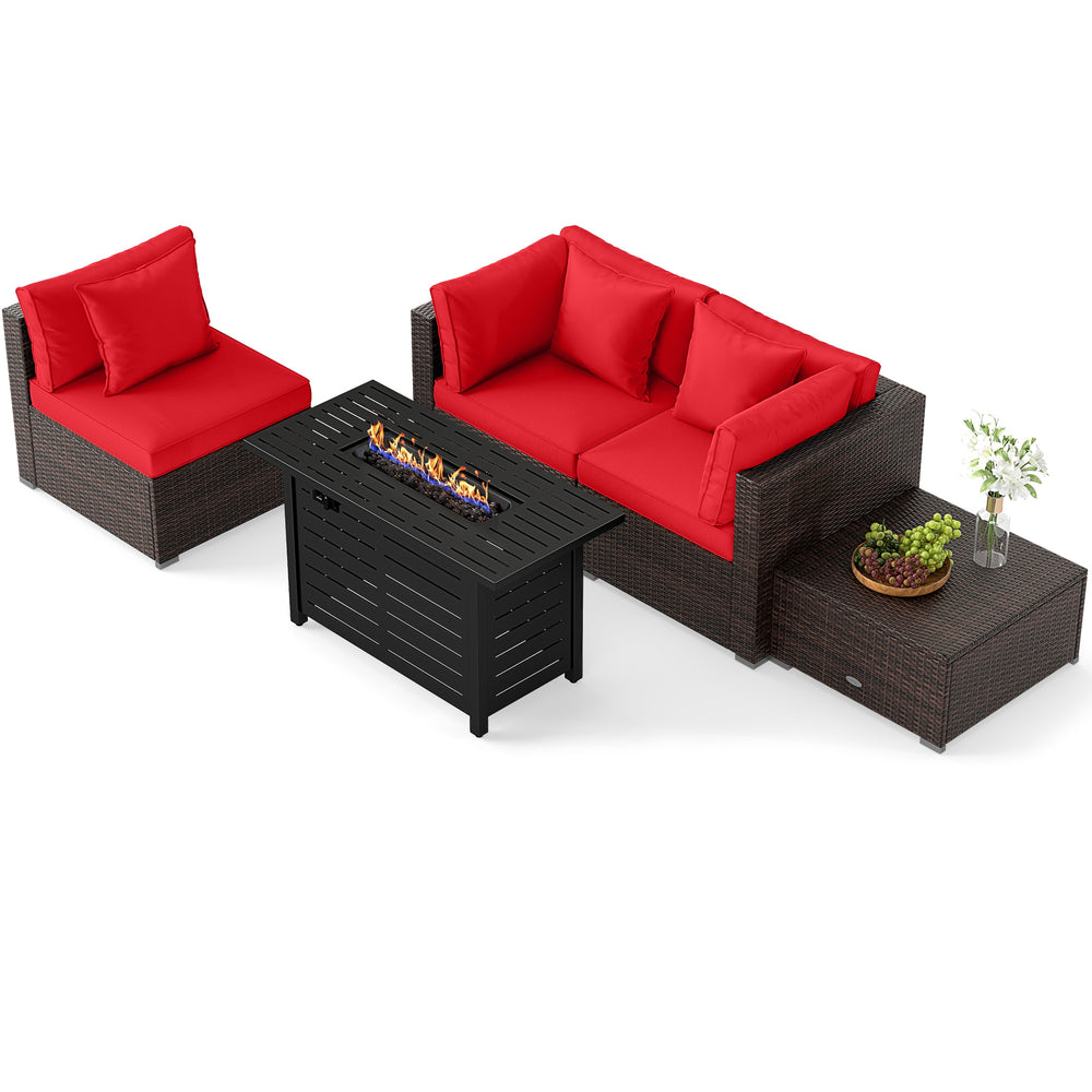 5-piece heavy-duty rattan sofa set with red cushions and 60,000 BTU firepit table for outdoor relaxation.