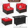 Heavy-duty rattan sofa set with red cushions, featuring a 60,000 BTU firepit table for versatile outdoor seating.