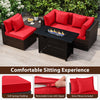 5-piece heavy-duty rattan sofa set with red cushions and 60,000 BTU firepit table for versatile outdoor seating.
