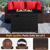 Heavy-duty rattan sofa set with 60000 BTU firepit table, featuring red cushions for outdoor relaxation and durability.