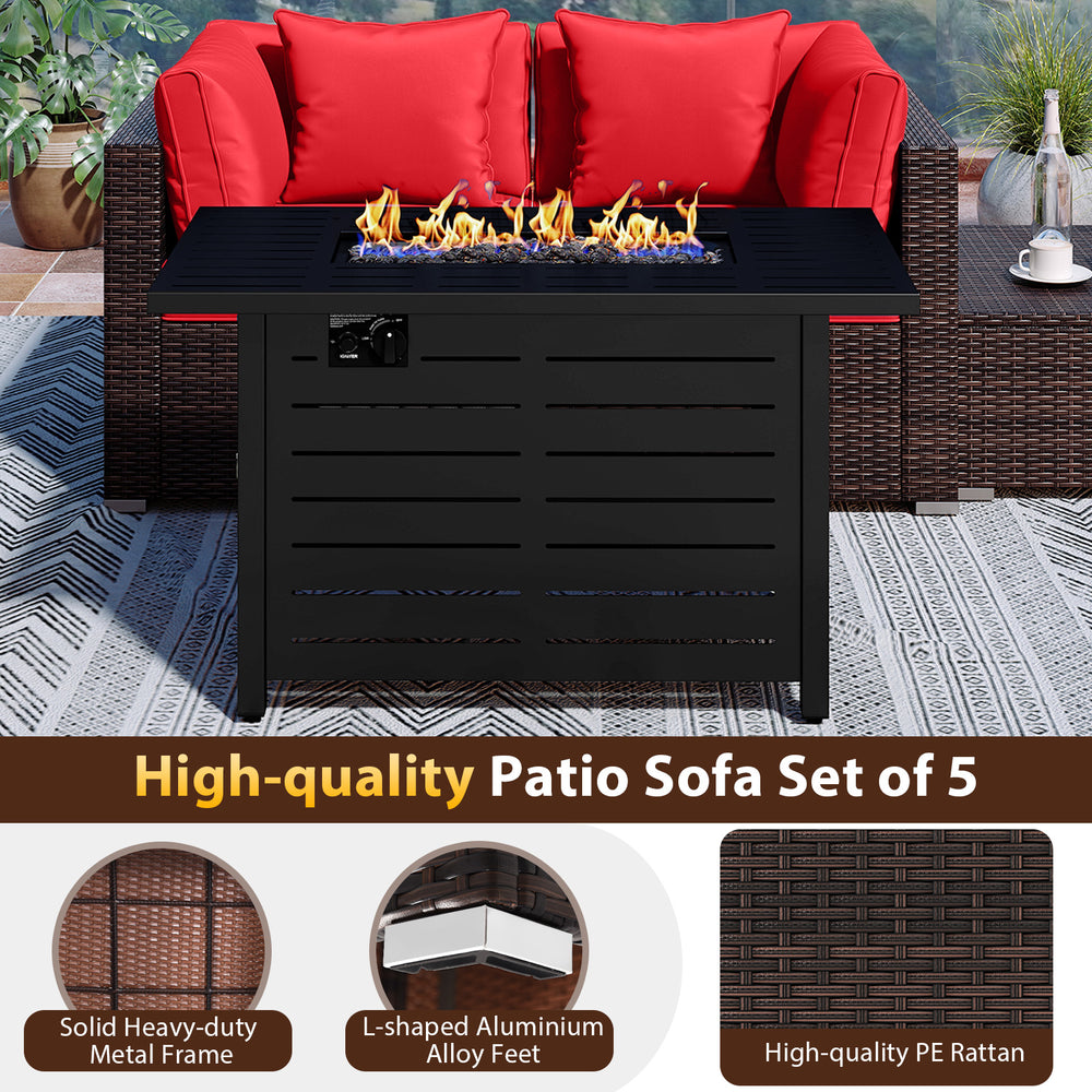 Heavy-duty rattan sofa set with 60000 BTU firepit table, featuring red cushions for outdoor relaxation and durability.
