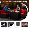 Heavy-duty rattan sofa set with 60,000 BTU firepit table, featuring red cushions and durable PE rattan for outdoor.