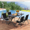 5-piece foldable outdoor dining set featuring a metal table and 4 armchairs, perfect for backyard gatherings.