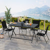 Side view of the foldable outdoor dining set showcasing the sturdy metal table and ergonomic armchairs for backyard use.