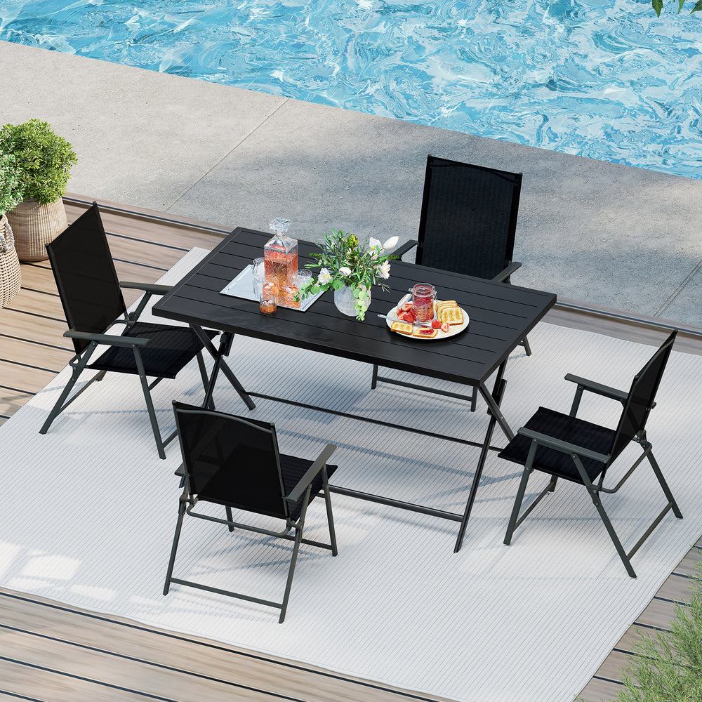 Top view of the 5-piece foldable outdoor dining set, showcasing the slatted tabletop and comfortable armchairs for.