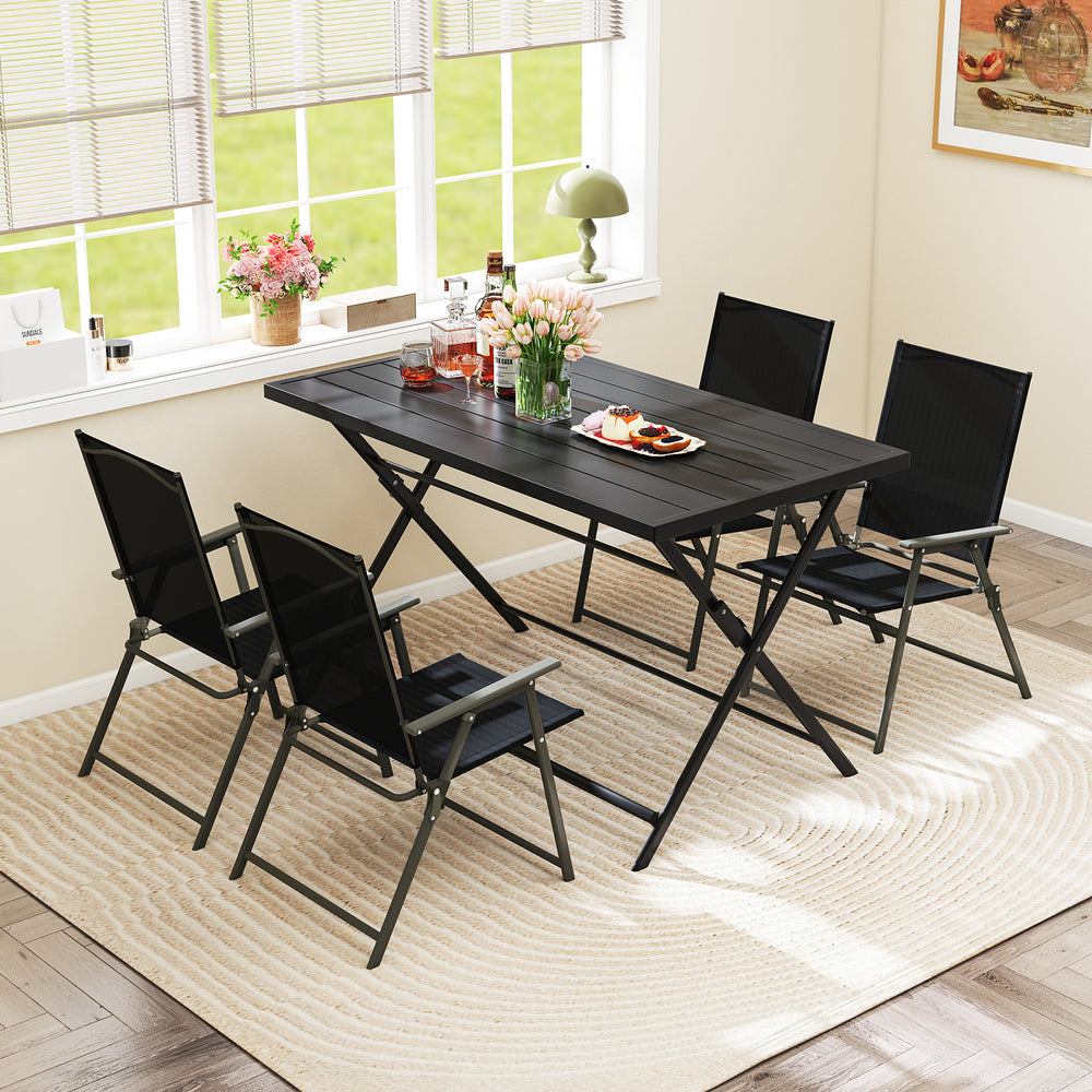5-piece foldable outdoor dining set featuring a metal table and 4 breathable armchairs, perfect for backyard gatherings.