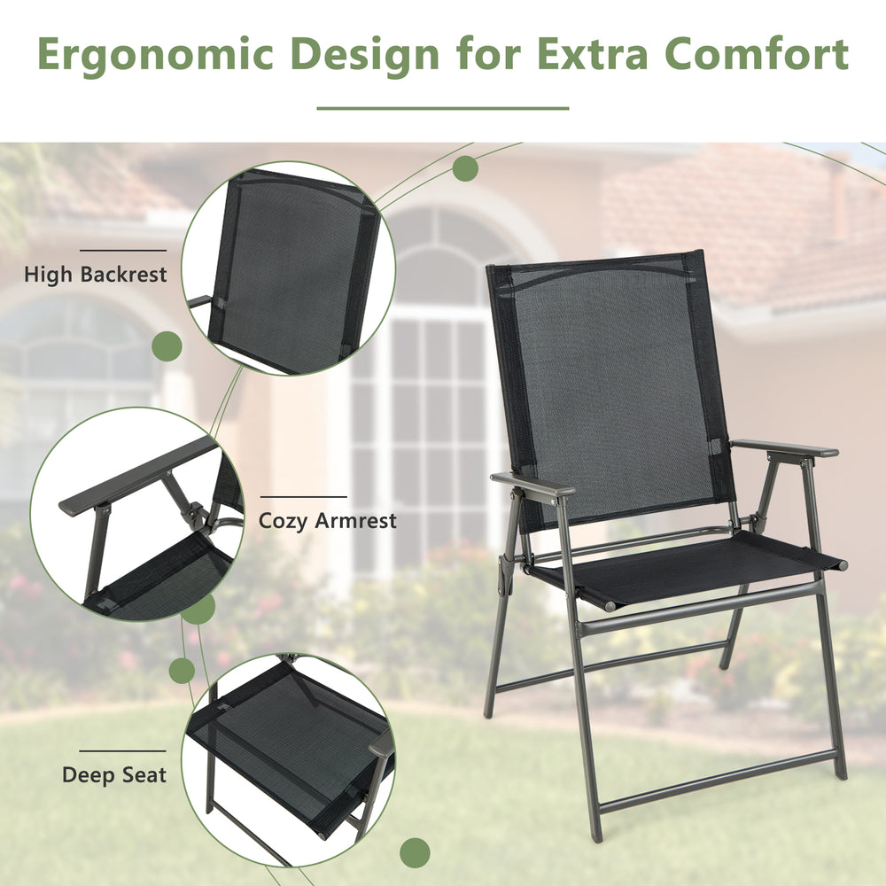 Foldable outdoor armchair with ergonomic design, high backrest, and breathable mesh fabric for backyard dining.