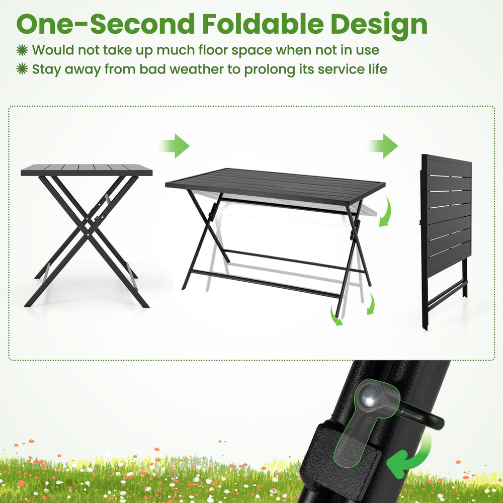 Foldable outdoor dining set featuring a metal square table and 4 armchairs, perfect for backyard gatherings.