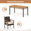 Dimensions of the 7 Pieces PE Wicker Patio Dining Set, featuring a solid acacia wood tabletop and sturdy metal frame.