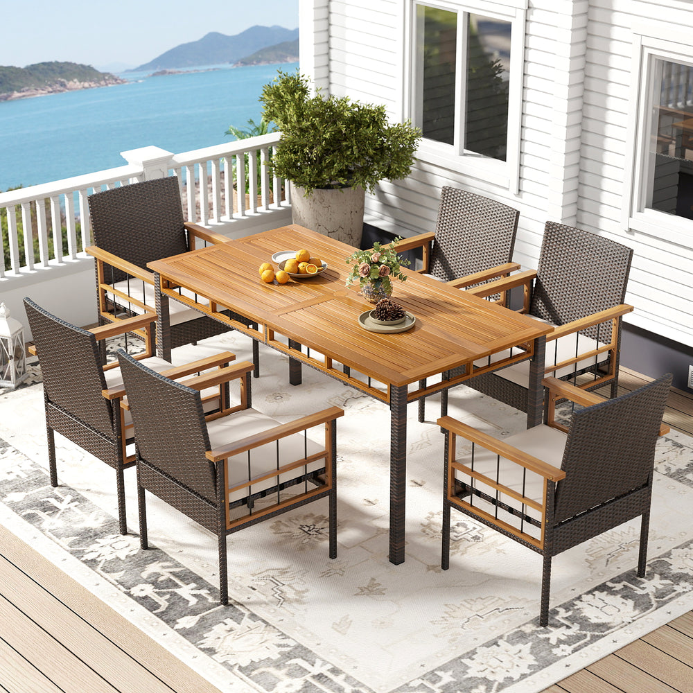 7-piece PE wicker patio dining set featuring a solid acacia wood table and cushioned chairs, ideal for outdoor.