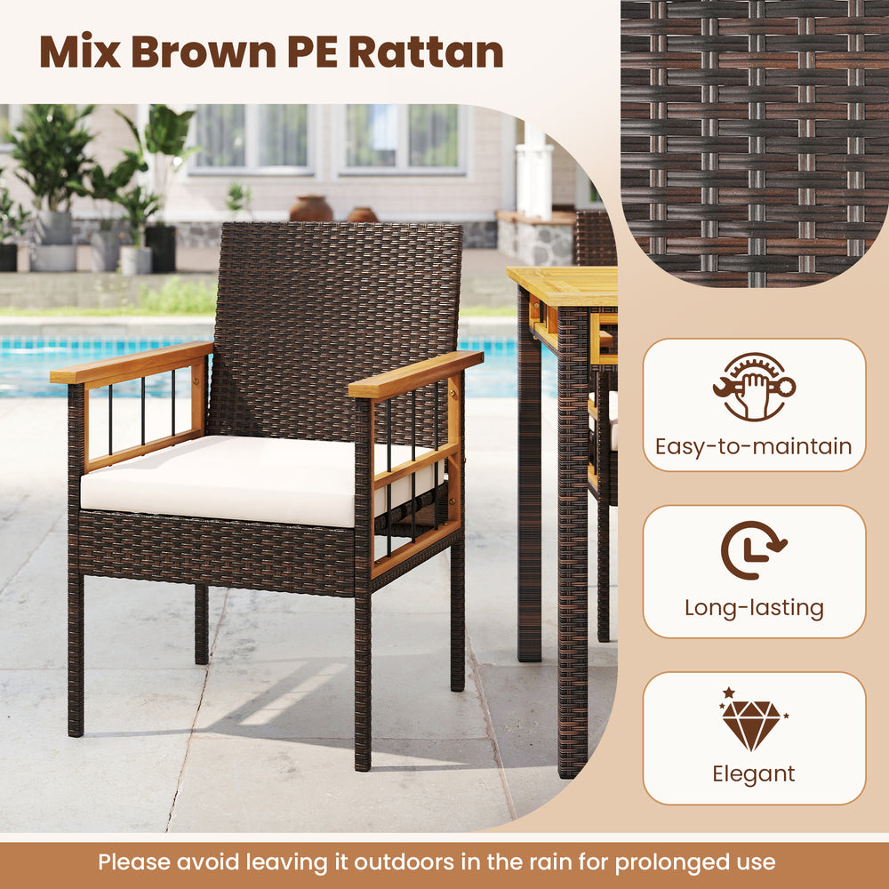 Mix brown PE rattan dining chair with acacia wood armrests, featuring a cozy cushion for comfortable outdoor seating.