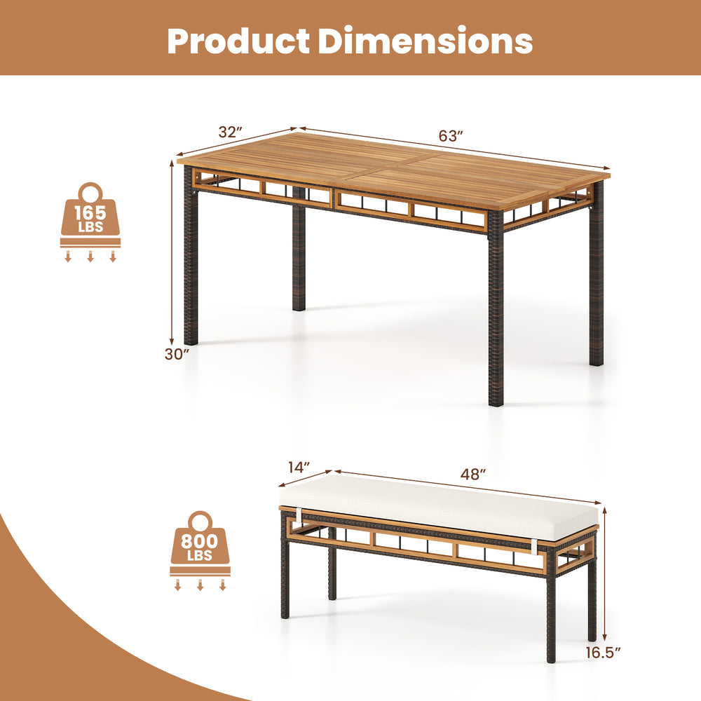 Product dimensions of the 3 Pieces Acacia Wood Patio Dining Set, showcasing the table and bench sizes for outdoor use.