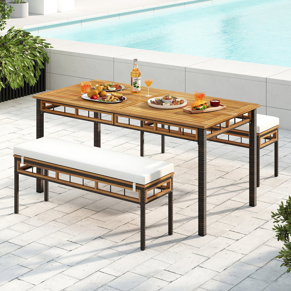 Acacia wood patio dining set with hand-woven PE rattan, featuring benches and cushions, perfect for outdoor gatherings.