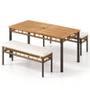 3-piece acacia wood patio dining set with hand-woven PE rattan, featuring benches with cushions for comfortable outdoor.