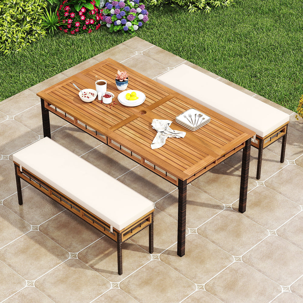 Acacia wood patio dining set featuring a rectangular table and two benches with soft cushions, ideal for outdoor.