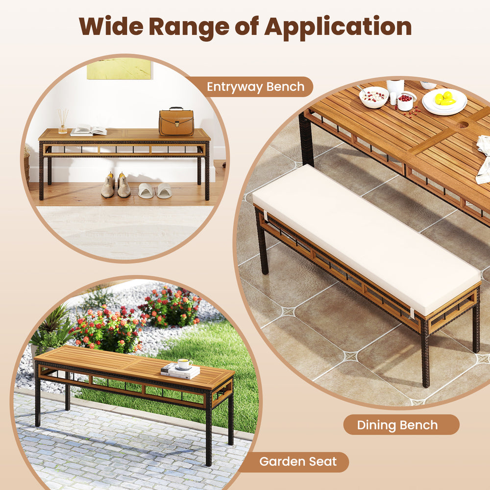 Acacia wood dining bench with soft cushions, ideal for patio or garden seating, featuring a sturdy metal frame.