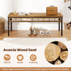 Acacia wood seat with sturdy metal frame, perfect for outdoor patio dining and gatherings in your backyard.