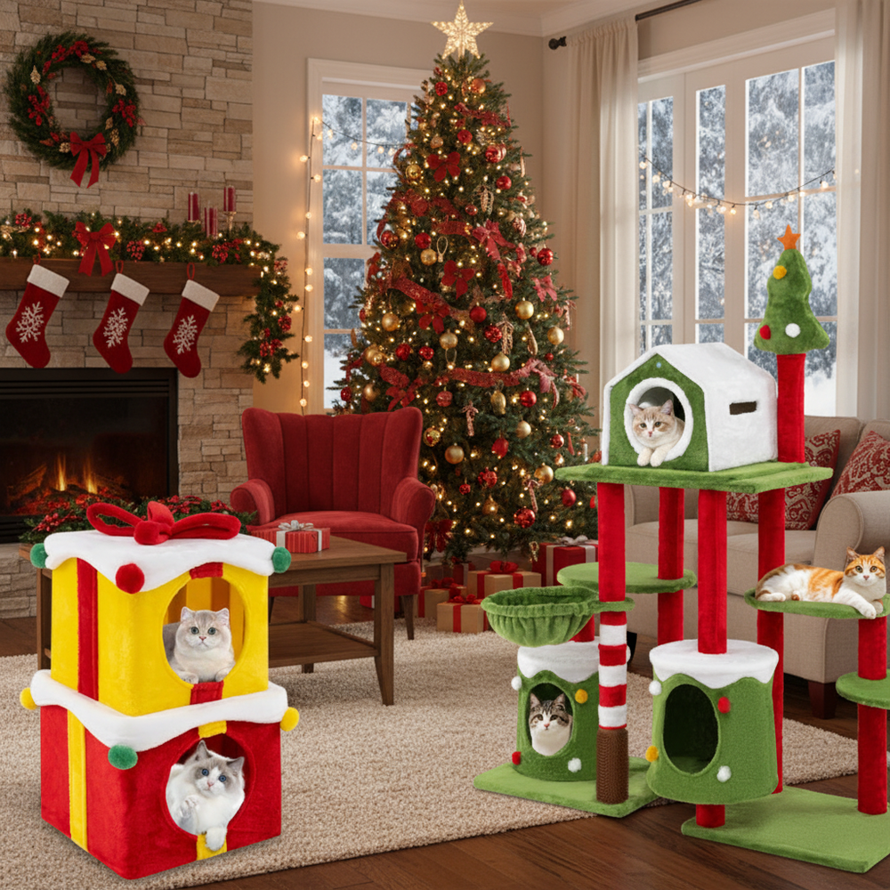 Christmas-themed cat furniture set featuring a 58-inch cat tree tower and gift box-shaped condos for festive feline fun.
