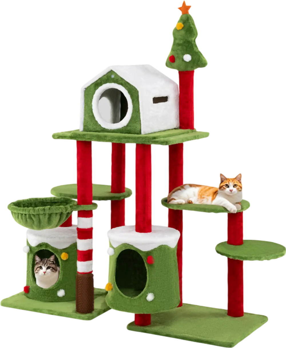 Cat Furniture Set with 58 Inch Tall Cat Tree Tower and 2 Gift Box Shaped Cute Christmas Cat House
