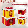 Two stacked gift box-shaped cat condos in festive red and yellow, featuring dual openings and cozy plush fabric for.