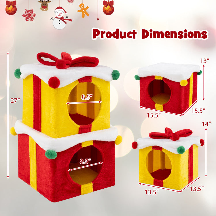 Two stacked gift box-shaped cat condos in festive red and yellow, featuring dual openings and cozy plush fabric for.