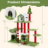 Cat tree tower measuring 58 inches tall with Christmas-themed design, featuring dual condos and multiple relaxation.