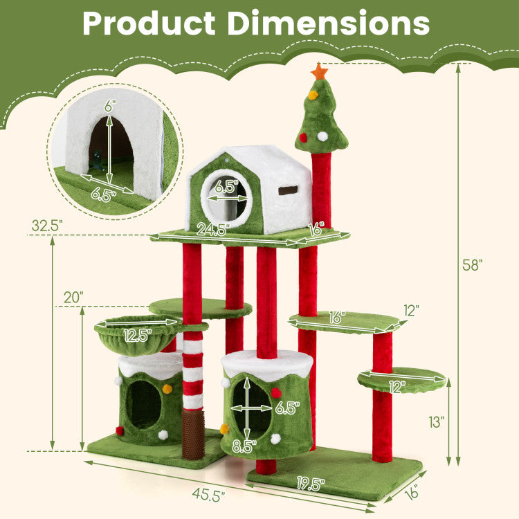Cat tree tower measuring 58 inches tall with Christmas-themed design, featuring dual condos and multiple relaxation.