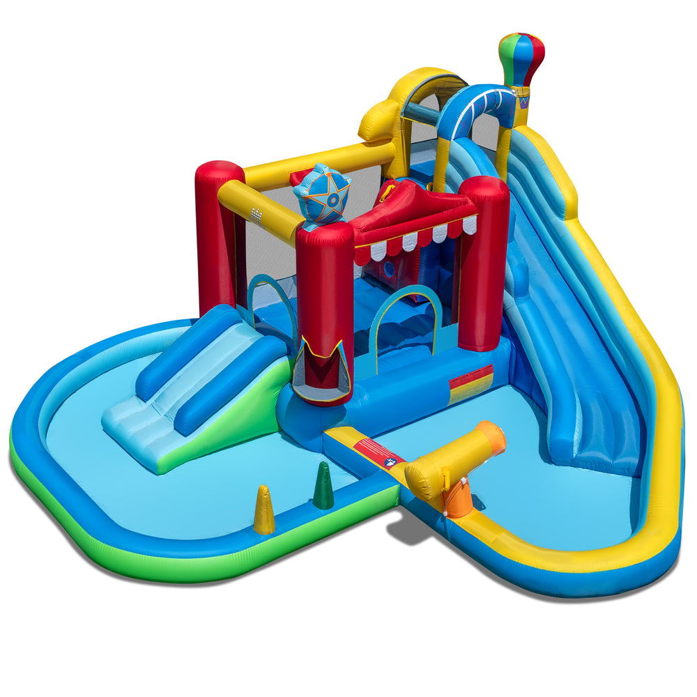 Colorful inflatable water park with slide, splash pool, and 50 ocean balls for backyard fun and safety.