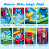 Inflatable water park featuring a long slide, splash pool, and ball pit, made of durable waterproof fabric for backyard.