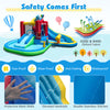 Inflatable water park with long slide, protective mesh walls, and 750W blower, ideal for backyard fun and safety.