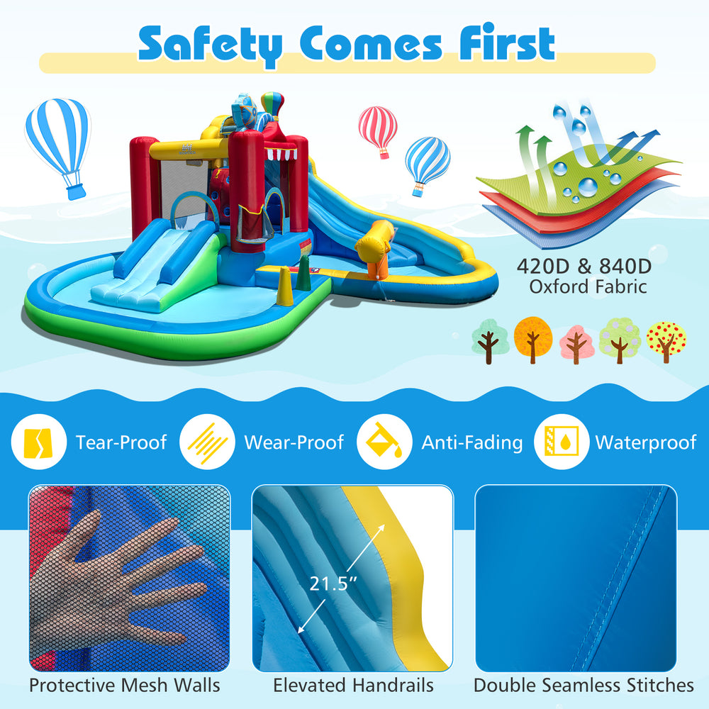 Inflatable water park with long slide, protective mesh walls, and 750W blower, ideal for backyard fun and safety.