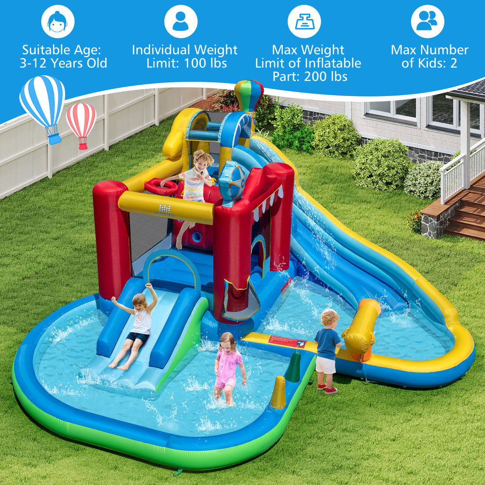 Colorful inflatable water park with slides and splash pool, made of durable Oxford fabric, ideal for backyard fun.