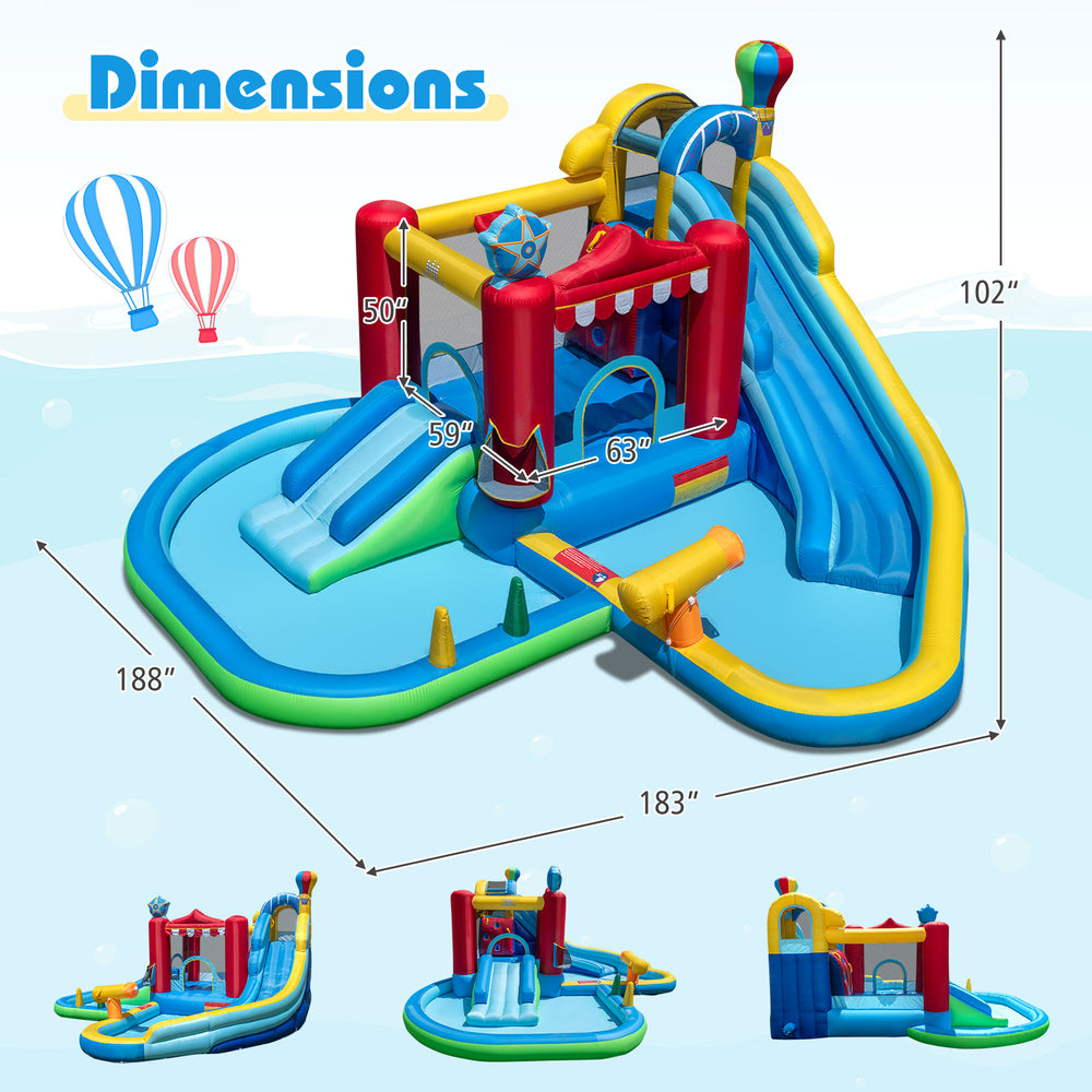 Inflatable water park with splash pool, long slide, and 50 ocean balls, ideal for backyard fun and safety.