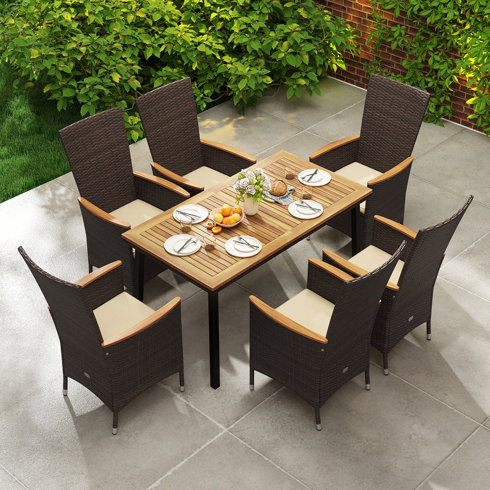 Outdoor dining set for 6 featuring acacia wood table and handwoven PE rattan armchairs, perfect for patio gatherings.