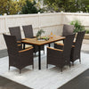 Outdoor dining set for 6 featuring wicker armchairs and a natural acacia wood table, perfect for patio gatherings.