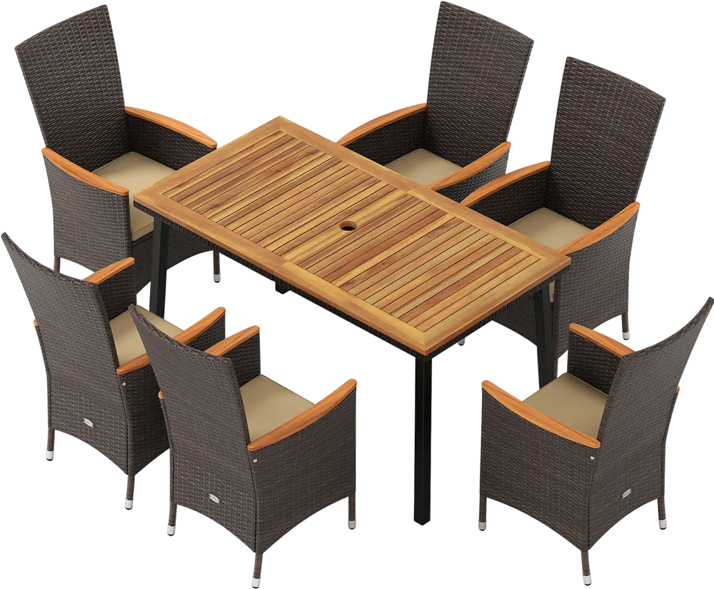 Outdoor Dining Set for 6 Patio Wicker Armchairs and Acacia Wood Table