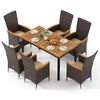 Outdoor dining set for 6 featuring acacia wood table and handwoven brown PE rattan armchairs, perfect for gatherings.