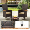 Two ergonomic outdoor wicker armchairs with beige cushions, featuring a heavy-duty metal frame and adjustable foot pads.