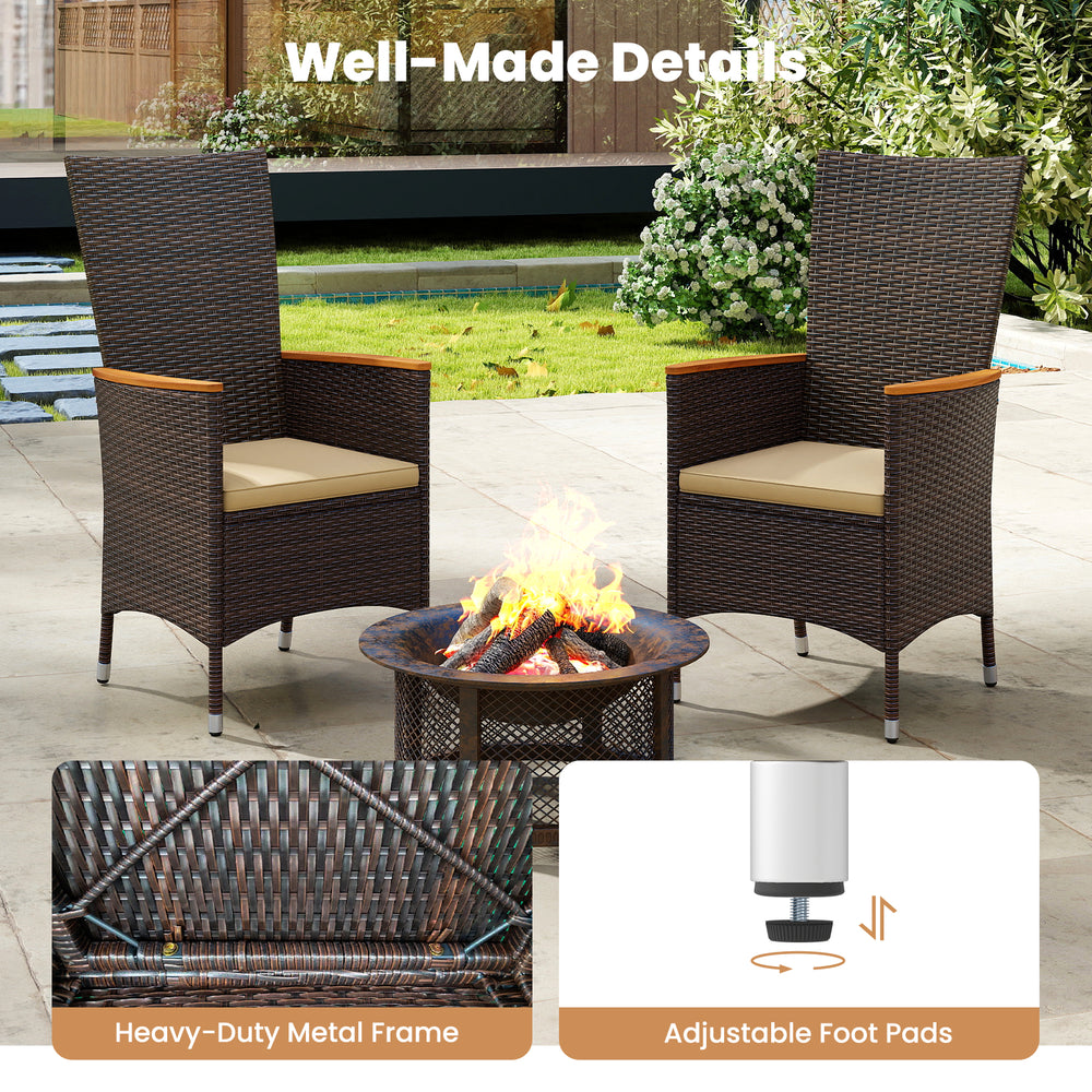 Two ergonomic outdoor wicker armchairs with beige cushions, featuring a heavy-duty metal frame and adjustable foot pads.