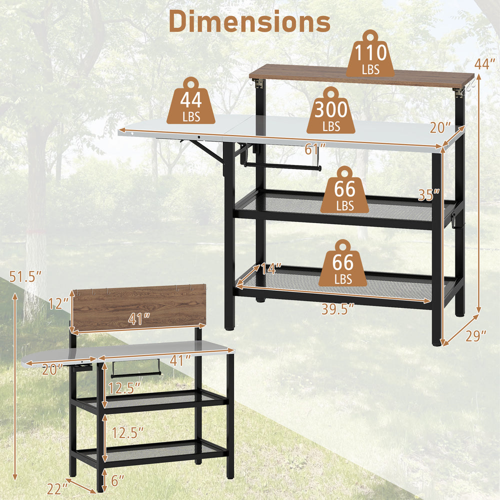 Outdoor foldable grill table with flip-up top, two storage shelves, and adjustable foot pads for backyard use.