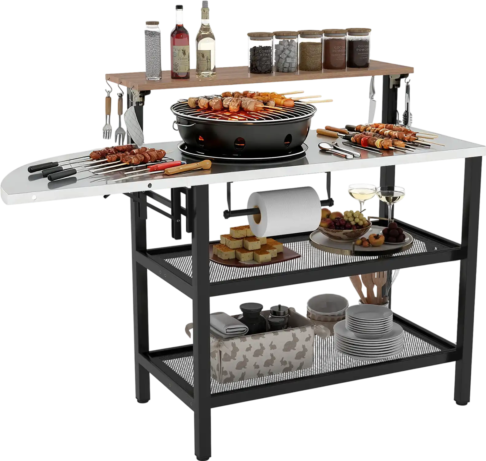 Costway Foldable Outdoor Grill Table Flip-Up Top 2 Storage Shelves 87290226 New