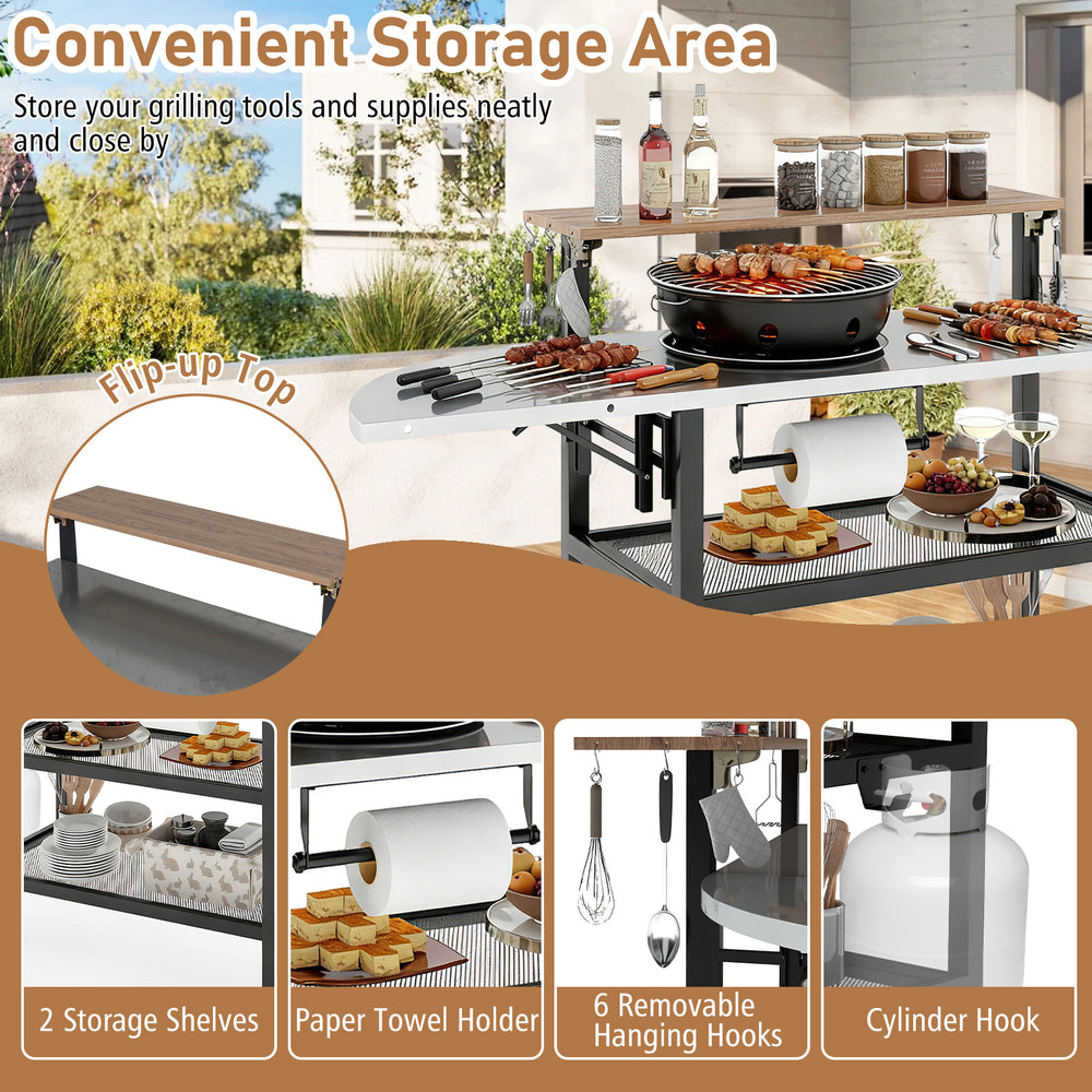 Outdoor foldable grill table with flip-up top, 2 storage shelves, and removable hooks for organized backyard grilling.