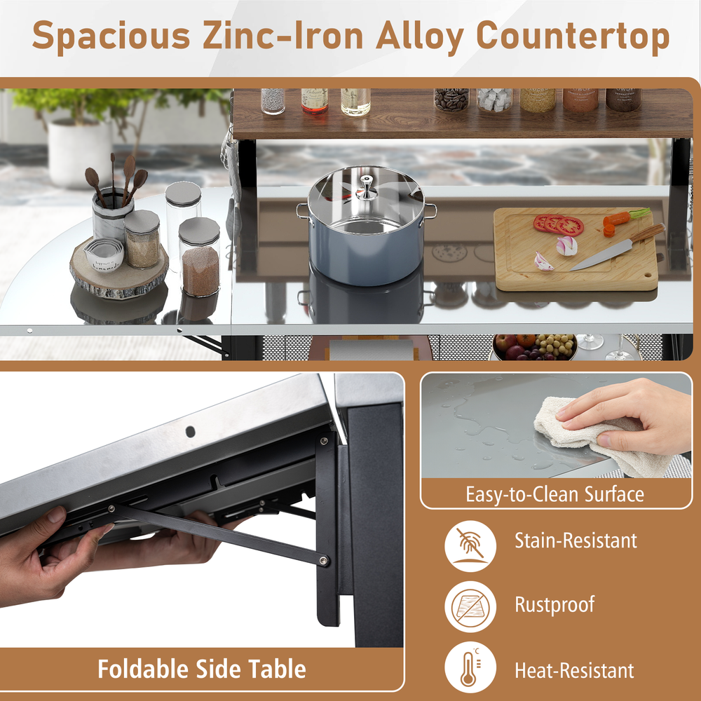 Outdoor foldable grill table featuring a spacious zinc-iron alloy countertop and foldable side table for versatile use.