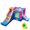 Inflatable bounce house with slides and basketball hoop, featuring colorful design and large jumping area for kids' fun.