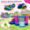 Inflatable bounce house with slides and basketball hoop, featuring a sweet doughnut theme for backyard fun.
