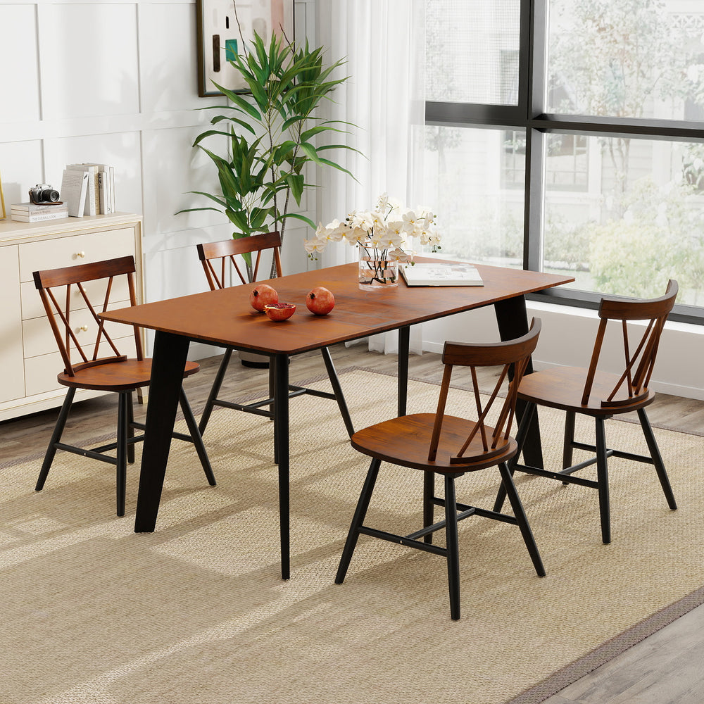 Set of 4 dark brown dining chairs with rubber wood frame and curved cross back, ideal for dining rooms or restaurants.
