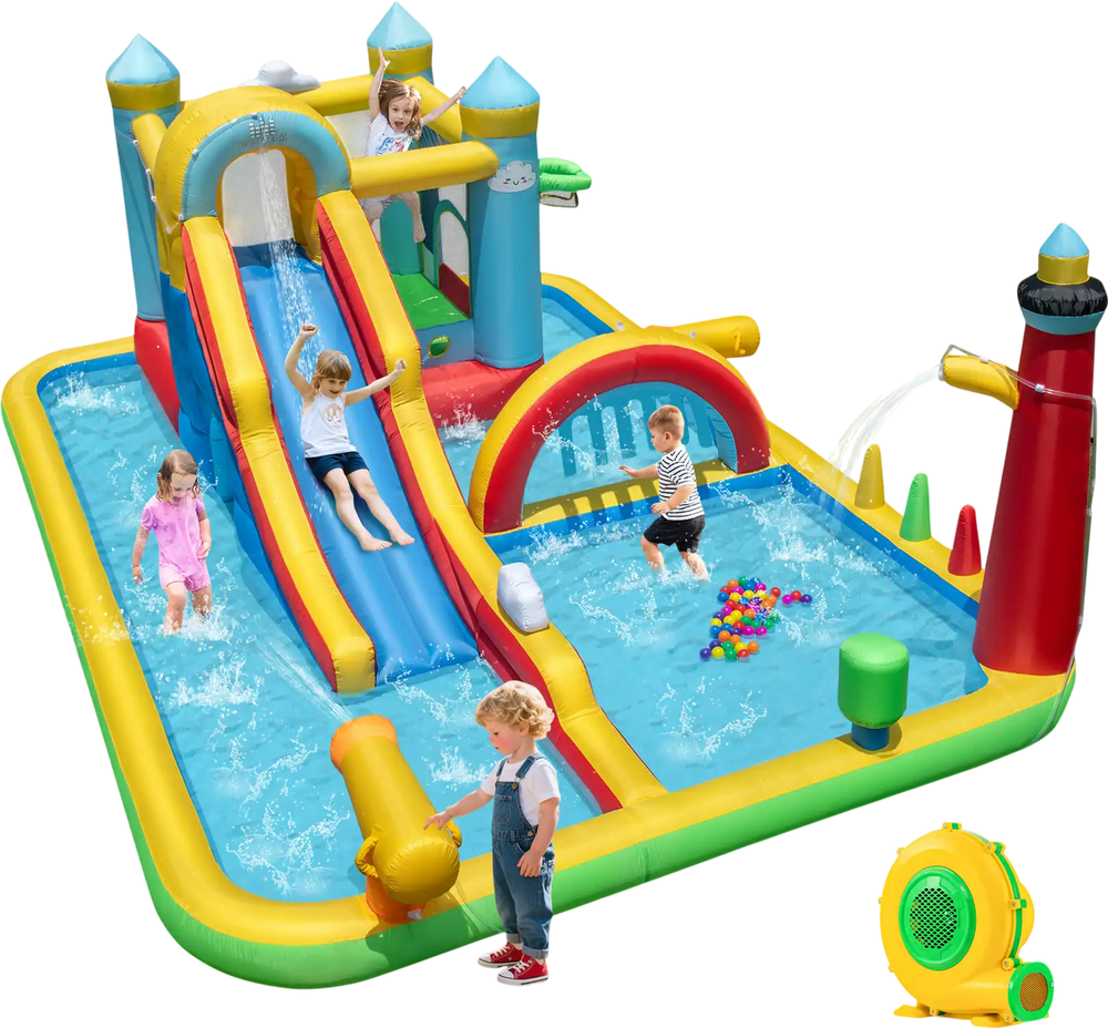 Inflatable Water Slide with Jumping Area and Climbing Wall(with 680W Blower)