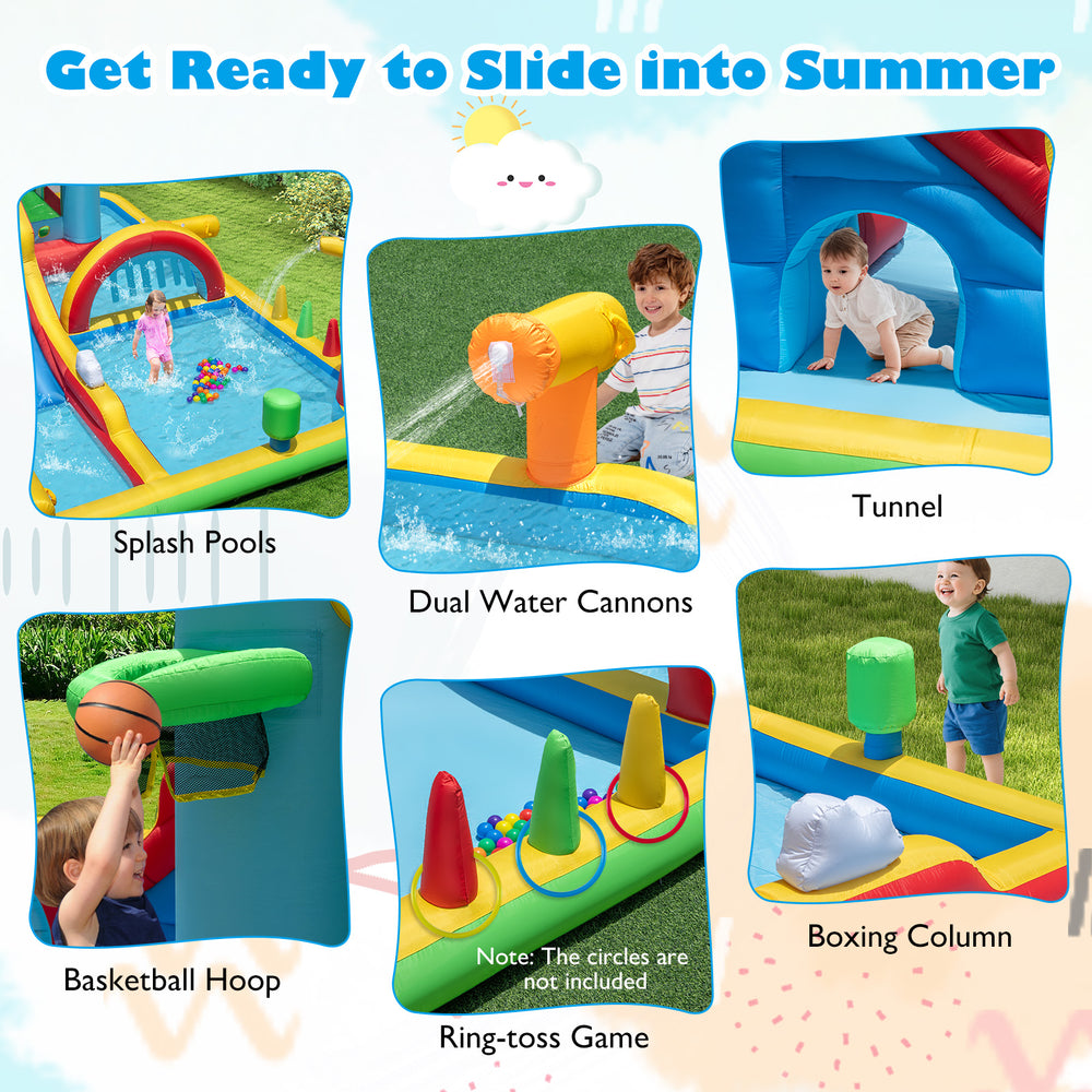 Inflatable water slide with climbing wall and jumping area, featuring splash pools and dual water cannons for summer.