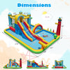 Inflatable water slide with climbing wall and jumping area, featuring vibrant colors and dimensions for backyard fun.
